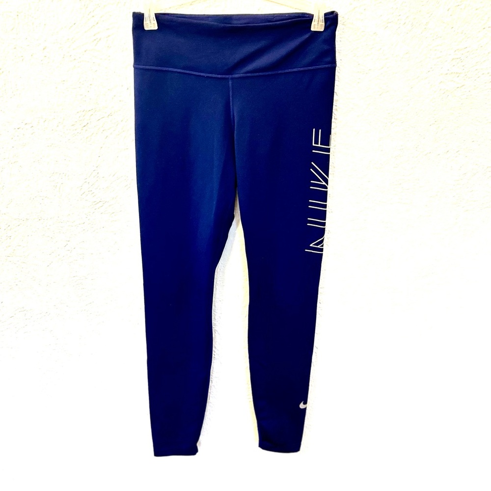 NIKE DRI FIT BLUE WOMEN'S SIDE LOGO METALLIC SILVER RUNNING TIGHTS SZ M